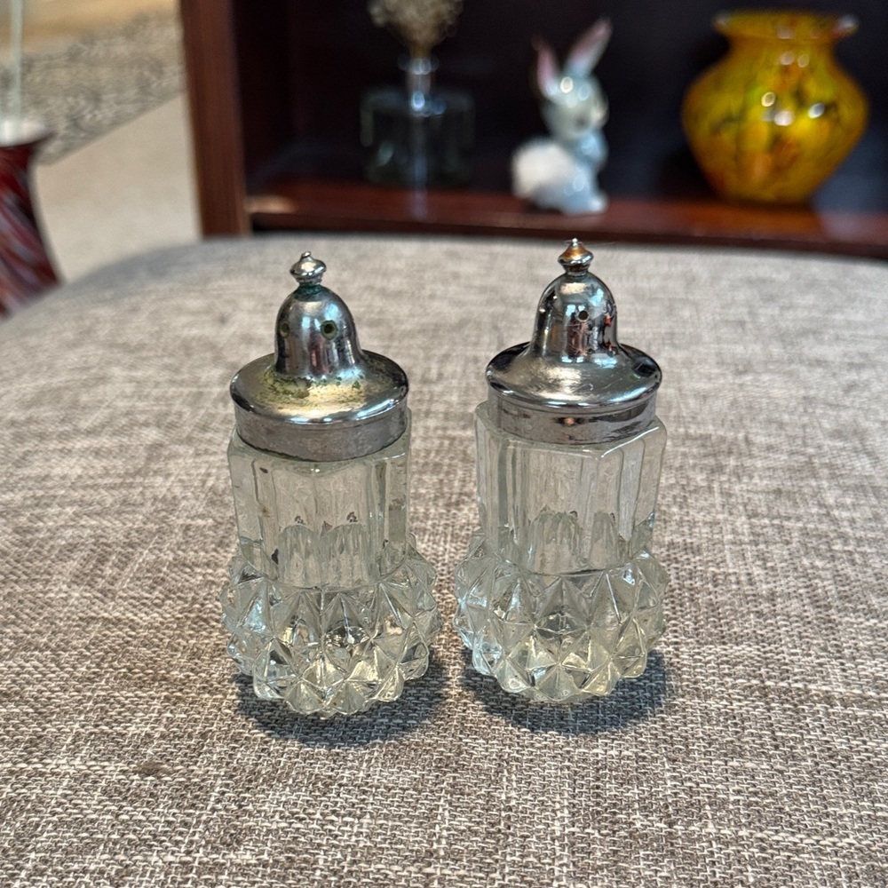 Vintage Glass Salt and Pepper Shakers with Silver Tops